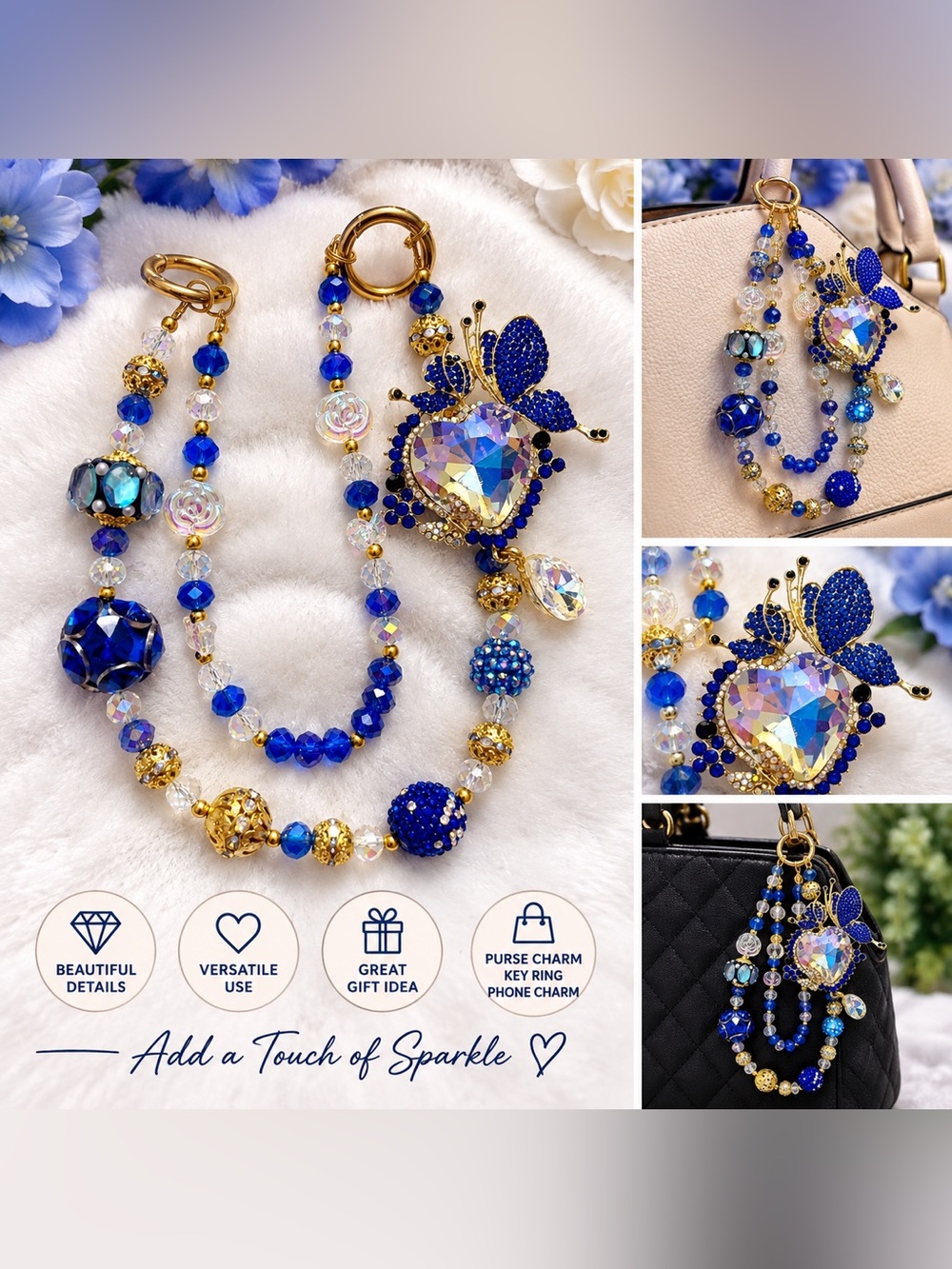 Blue Crystal Heart & Butterfly Purse Bag Charm Keychain